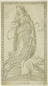 Clio, plate nitten fra Apollo and the Muses av Master of the E Series Tarocchi