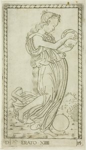 Erato, tallerken fjorten fra Apollo and the Muses av Master of the E Series Tarocchi