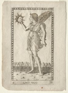 Genius of the Sun fra Tarocchi, serie B: Cosmic Principles & Virtues, #31, før 1467. av Master of the E-Series Tarocchi
