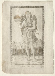 Genius of the World fra Tarocchi, serie B: Cosmic Principles & Virtues, #33, før 1467. av Master of the E Series Tarocchi