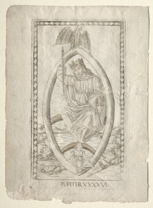 Jupiter fra Tarocchi, serie A: Firmaments of the Universe, #46, før 1467. av Master of the E Series Tarocchi