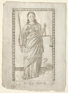 Rettferdighet fra Tarocchi, serie B: Cosmic Principles & Virtues, #37, før 1467. av Master of the E Series Tarocchi