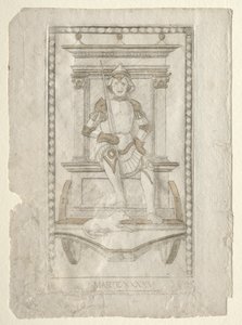 Mars fra Tarocchi, serie A: Firmaments of the Universe, #45, før 1467. av Master of the E Series Tarocchi