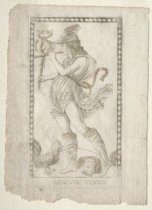 Mercury from the Tarocchi, serie A: Firmaments of the Universe, #42, før 1467. av Master of the E Series Tarocchi
