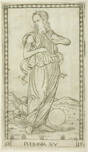 Polyhymnia, plate femten fra Apollo and the Muses av Master of the E-Series Tarocchi