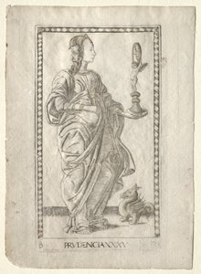 Prudence fra Tarocchi, serie B: Cosmic Principles & Virtues, #35, før 1467. av Master of the E Series Tarocchi