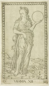 Urania, plate tolv fra Apollo og musene av Master of the E Series Tarocchi