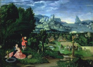 The Rest on the Flight into Egypt, landskap malt av Joachim Patinir (fl.1515-25) (panel)