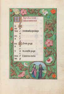 Hours of Queen Isabella the Catholic, Queen of Spain: Fol. 5r, april - Squire and Damsel, ca. 1500. av Master of the First Prayerbook of Maximillian