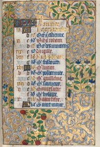Timebok Bruk av Rouen: fol. 1r, forseggjort foliated kant, ca. 1470. av Master of the Geneva Latini