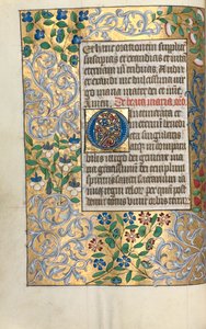 Timebok Bruk av Rouen: fol. 22v, stor initial O med forseggjort kant, ca. 1470.