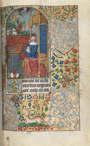 Timebok Bruk av Rouen: fol. 80r, David Penitent, in the Distance David Slaying Goliath, c1470 av Master of the Geneva Latini