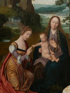 Detalj av sentralpanelet til Jomfru og Barn med St. Catherine og St. Barbara, ca. 1520-25 (olje på panel)