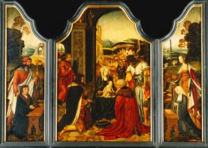 Triptych: Adoration of the Magi, med St. James som presenterer giveren og St. Catherine of Alexandria presenterer giverens kone og to døtre