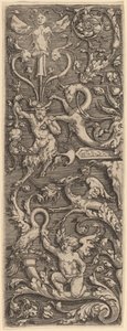 Ornament med en amor, en satyr og groteske figurer av Master of the Horse Heads