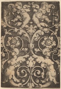 Oppreist ornament med to sirener av Master of the Horse Heads