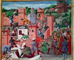 Byggingen av byen Roma. Tvillingene Romulus og Remus besøker stedet (befaring av arbeid og forhåndsarbeid). Arbeiderne er aktive i oppgaven: Macons, Stone Skreddere, bærere, marmor og sement (fremstilling av sement) på jobb. Miniatyr i "" Romuleon. av Master of the Innocent III missal