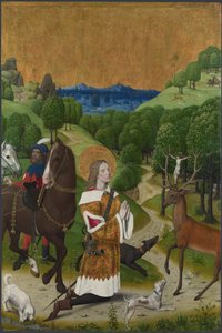Konverteringen av Saint Hubert. Lukker fra Werden-altertavlen, ca 1485 av Master of the Life of the Virgin