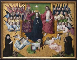 Kroningen av Maria. Representasjon av Den Hellige Treenighet: Gud, Jesus Kristus og Den Hellige Ånds due (Den Hellige Ånd). Maleri av Master of the Passion of Lyversberger (aktiv 1460-1490), olje på tre, tidlig tysk kunst 1400-tallet. München, Alte av Master of the Lyversberg Passion