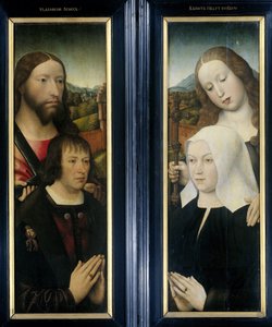 Two Wings of a Triptych with the Donor, Thomas Isaacq, akkompagnert av Saint Thomas (venstre, ytre fløy), og giverens kone akkompagnert av Saint Margaret (høyre, ytre fløy) av Master of the Magdalen Legend