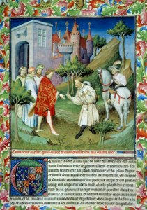 John of Mandeville (1300-1372) tok bort fra kong Edward II og forlot England. Miniatyr i "" The Book of the Wonders of the World"" Ms 2810. Folio 141. Manuskript belyst av Master of Mazarine, skrevet av John (Jehan) av Mandeville (1300? -1372)