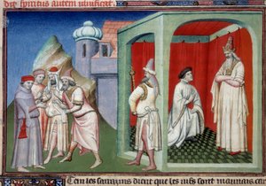 John av Mandeville og sultanen. Kontrovers mellom kristne og muslimer representert av Jean de Mandeville, oppdagelsesreisende fra Liege (1300-1372) og sultanen av Saracens. Miniatyr i "" The Book of the Wonders of the World"" Ms. 2810 Folio 175v. Manuskrip