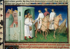 Matteo og Niccolo, Polo-brødrene forlater Venezia. Miniatyr hentet fra “” The Book of Wonders””” (“” Devisement of the World””, “” Il Milione””) av Marco Polo (1254-1324) (Ms. 2810, Folio 4) opplyst av Mesteren av Mazarine, rundt 1410-1412. BN,