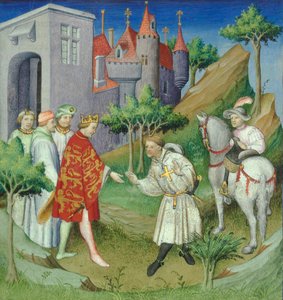 Sir John Mandeville og kongen av England, frontispice fra "Le Livre des Merveilles", Paris, ca. 1420 (manuskript)