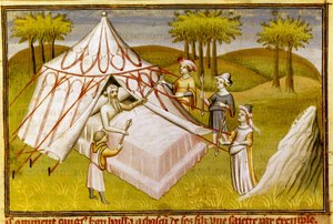 Den mongolske lederen Gengis Khan på dødsleiet og ga sine siste anbefalinger til sønnene sine, ca. 1410 (miniatyr)