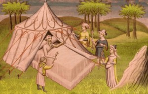 Den mongolske lederen Gengis Khan på dødsleiet og ga sine siste anbefalinger til sønnene sine, ca. 1410 (miniatyr)