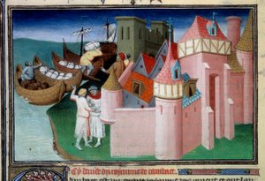 Lossing av baller i byen Khambhat, India. Miniatyr i "" The Book of Wonders"" ("" Devisement du monde", "" Il Milione") Ms2810, Folio 86v. Manuskript innskrevet av Master of Mazarine og skrevet av Marco Polo (1254-1324), ca. 1410-1412. BN, Par