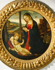 Madonna og barn med St. John (olje på panel) av Master of the Miller Tondo (attr. to)