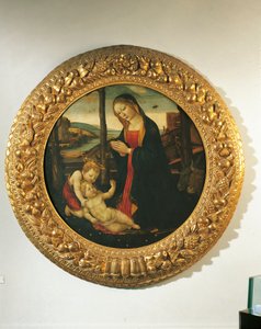 Madonna og barn med St. John (olje på panel) av Master of the Miller Tondo (attr. to)
