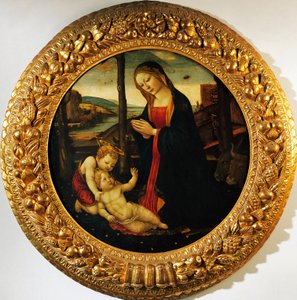 Madonna og barn med spedbarnet Saint John the Baptist, maleri tilskrevet Mesteren av Tondo Miller (slutten av 1400-tallet). av Master of the Miller Tondo (attr. to)