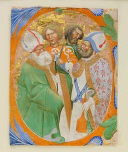 Manuskriptbelysning med fire hellige i en første O, fra en korbok, 1440-50.