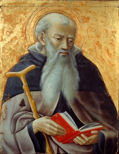 Saint Anthony, Abbe-representasjon av Saint Anthony the Great (250/251-356) (eller Saint Anthony the Eremitt). Maleri på tre av Master of Observance (aktiv rundt 1425-1450) Søn. 0,73x0,59 m