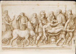 Verso: The Return of Meleager, fra en romersk sarkofag, Palazzo Barberini, Roma, ca. 1512-17 (penn og brunt blekk med brun vask) av Master of the Oxford Album