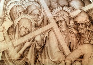 Parementet til Narbonne: Kristus som bærer sitt kors (grisaille på silke av Master of the Parement of Narbonne
