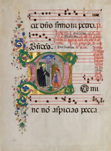 Manuskriptblad med Saint Benedict som gjenoppliver en gutt i en initial D, fra et antifonarium. av Master of the Riccardiana Lactantius