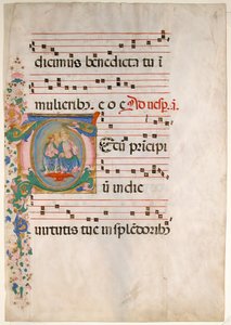 Manuskriptblad med treenigheten i en innledende T, fra en Antiphonary, andre halvdel av 1400-tallet. av Master of the Riccardiana Lactantius