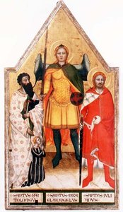 St. Mikael erkeengelen med St. Bartolomeus og St. Julian (tempera på panel) av Master of the Rinuccini Chapel