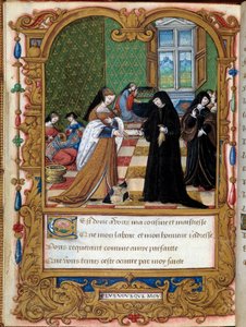 Margarita av Angoulema (1492-1549) Dronningen av Navarre presenterer boken sin til hertuginnen av Etampes og favoritten til Francois I Anne Pisseleu. Side hentet fra manuskriptet "" La coche ou Debat d
