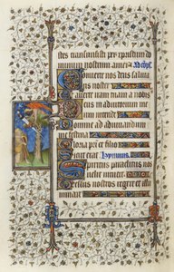 Ms 62 f.132v Bevinget figur i en tretopp med bok gjennomboret av et sverd, fra 