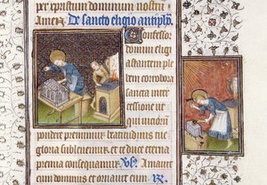 Ms 62 f.215r St. Eligius gjør en helligdom; St. Eligius ved en ambolt, fra en timebok