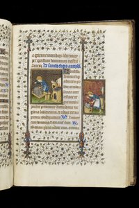 Ms 62 f.215r St. Eligius gjør en helligdom; St. Eligius ved en ambolt, fra en timebok, ca. 1445-50 (vellum)