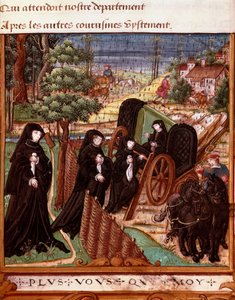 Representasjon av dronningen av Navarre Margarita av Angoulema (1492-1549) omgitt av hennes ledsagerdamer som går ombord i en vogn for å gå en tur”” Side hentet fra manuskriptet “” La coche ou Debat d