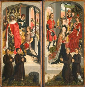 Abners sendebud foran David, Dronningen av Saba som bringer gaver til Salomo..., ca. 1480. av Master of the Saint Barbara Legend