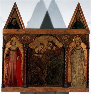 Triptych: Coronation of the Virgin flankert av to helgener (tempera på panel) av Master of the Urbino Coronation