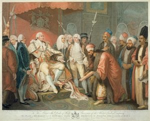 Hans Majestet og statsoffiserer som mottar den tyrkiske ambassadøren og drakten, gravert av Daniel Orme (1767-s.1832), pub. av Edward Orme, 1797 (stippgravering) av Mather Brown