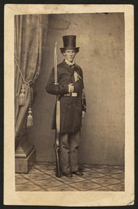 James Henry Lane (1814-1866), politiker og leder for Free State Party of Kansas, portrett i full lengde, med pistol (sepia-bilde) av Mathew B. Brady